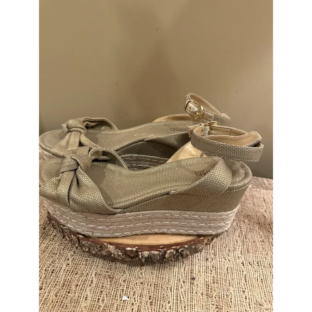 Michael Michael Kors Maxwell Mid Wedge Sandals Gold Ankle Strap Knotted